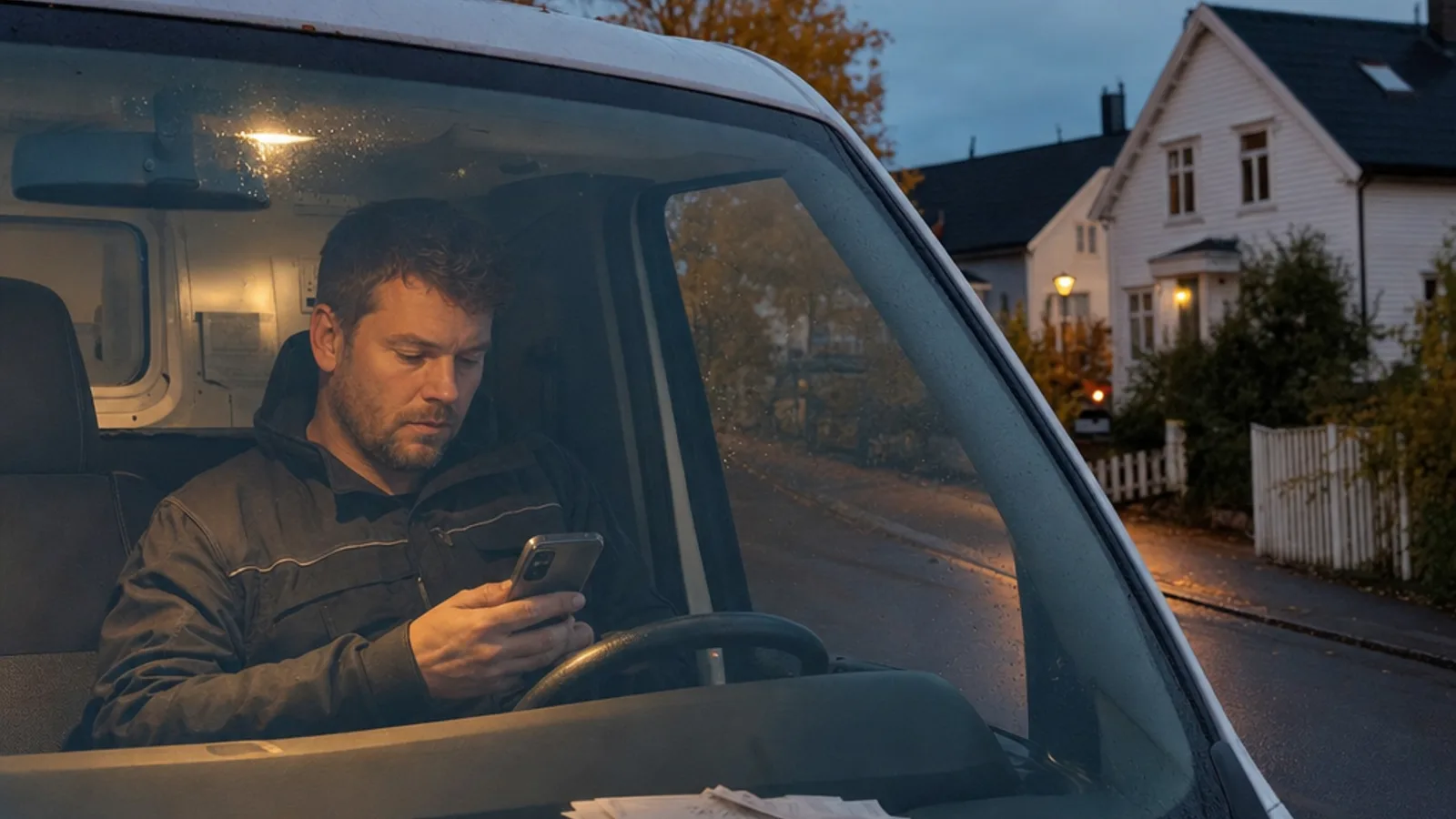 Håndverker i arbeidsklær sitter i varebilen med mobilen i hånda og en bunke kvitteringer på dashbordet etter endt arbeidsdag