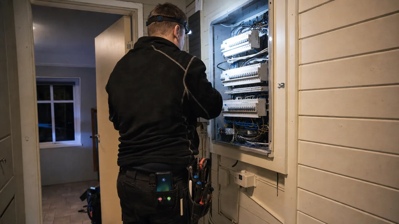 Elektriker ved et åpent sikringsskap med moderne automatsikringer, mens mobilen lyser med et innkommende anrop i verktøybeltet