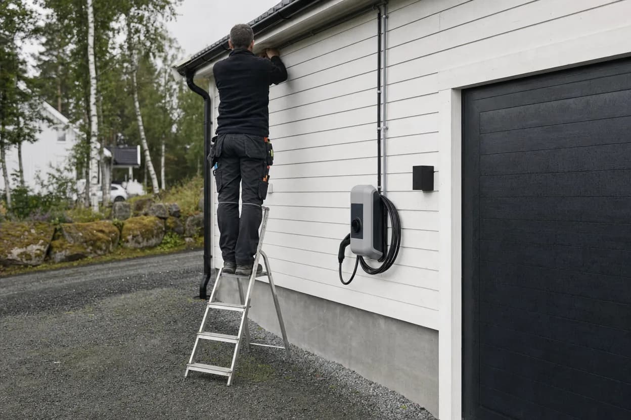 Ferdig montert elbillader på garasjeveggen til et norsk trehus, med en elektriker på stige ved siden av