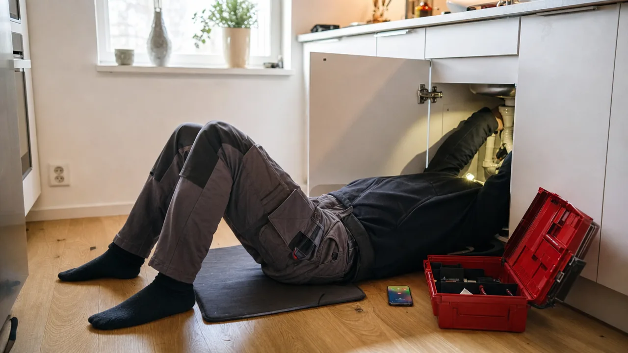 Rørlegger som ligger på ryggen under en kjøkkenvask med åpen verktøykasse ved siden av, mens mobilen lyser med et innkommende anrop på gulvet
