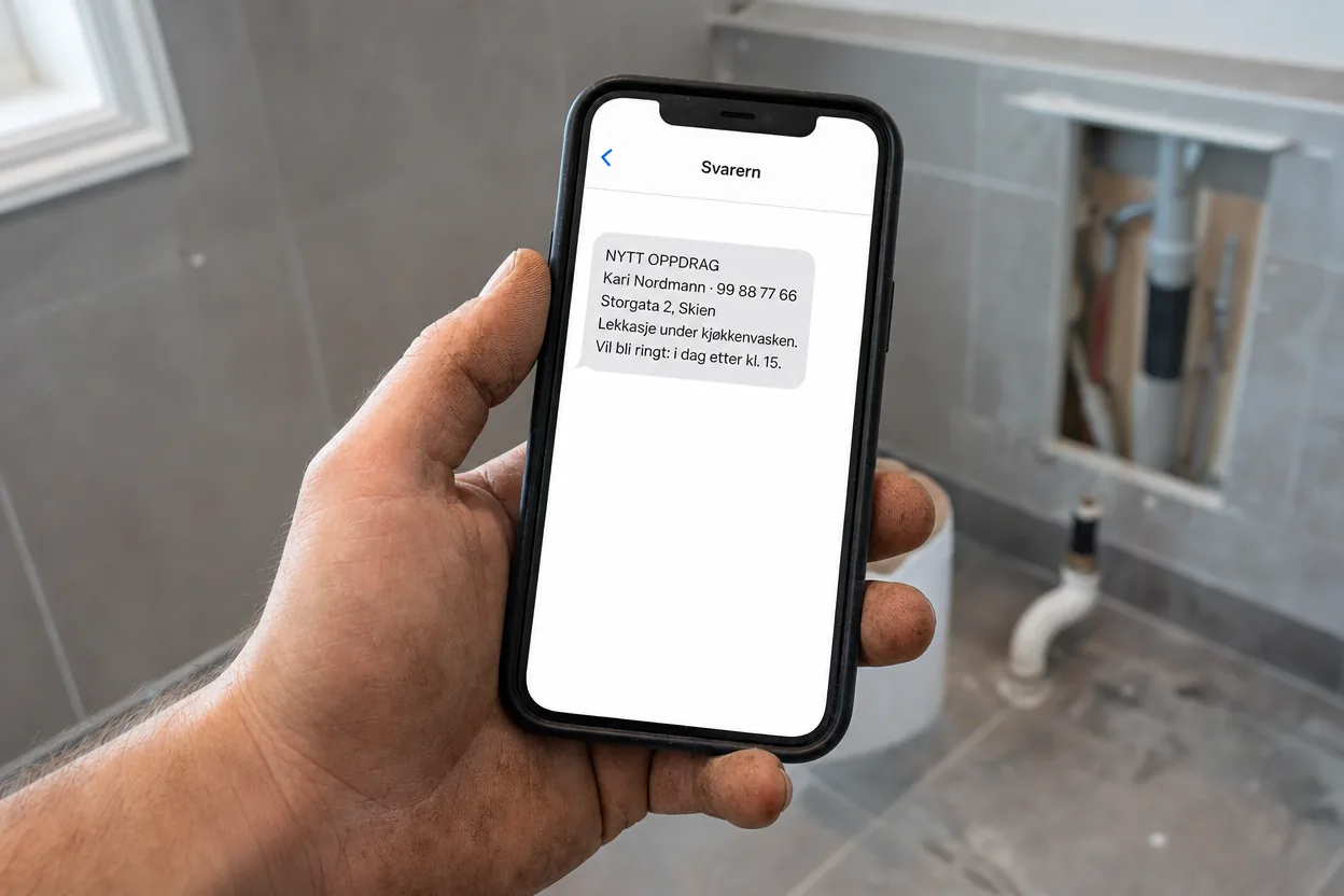 Hånd som holder en mobil med en SMS som starter med «NYTT OPPDRAG», med et bad under oppussing i bakgrunnen
