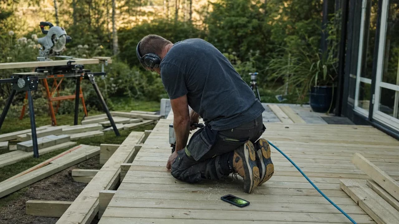 Tømrer på kne som bygger terrasse med spikerpistol, mens mobilen lyser med et innkommende anrop på terrassebordene